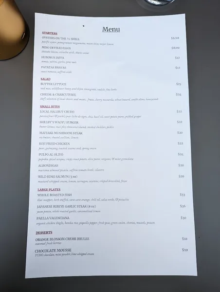 menu of Shelby’s Rooftop