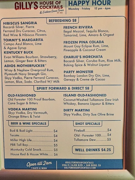 menu of Gilly's House of Cocktails