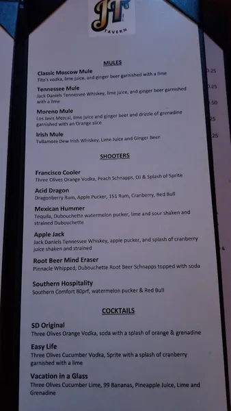 menu of JT's Tavern