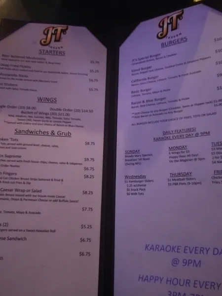 menu of JT's Tavern