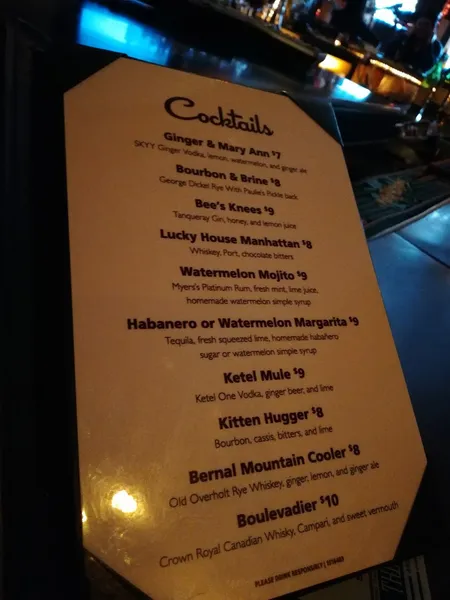 menu of The Lucky Horseshoe