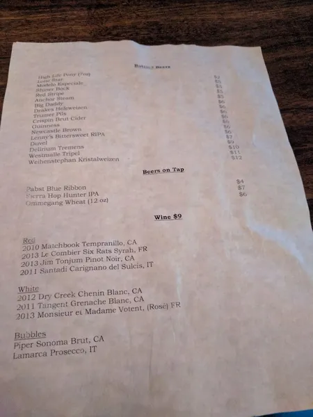 menu of Slate Bar