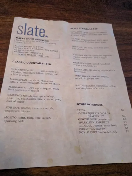 menu of Slate Bar