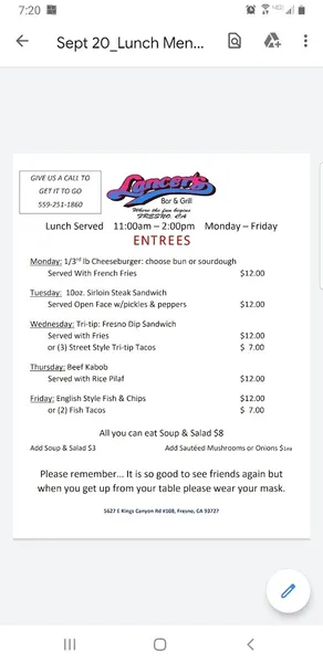 menu of Lancer's Bar & Grill