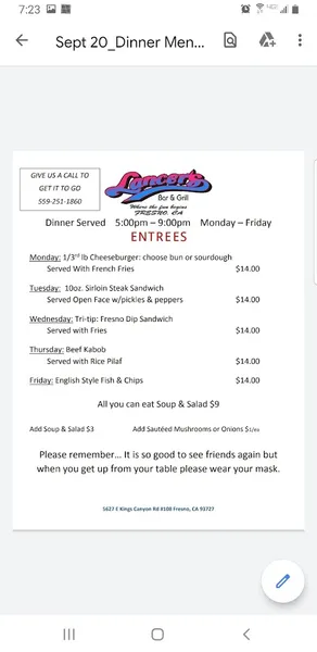 menu of Lancer's Bar & Grill