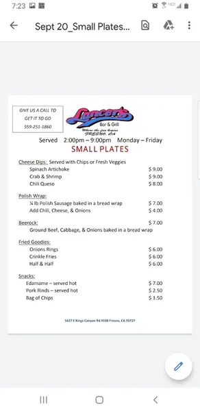 menu of Lancer's Bar & Grill