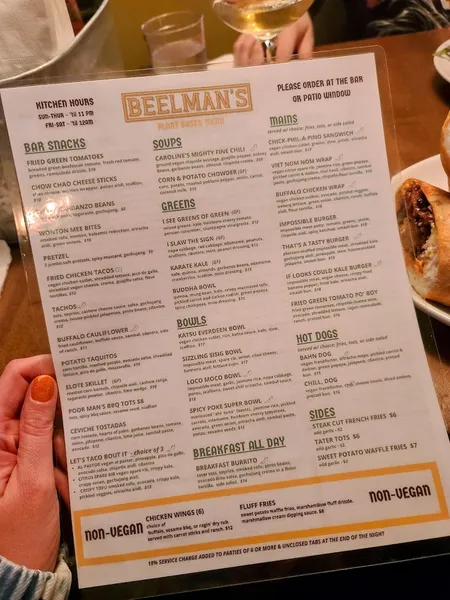 menu of Beelman's