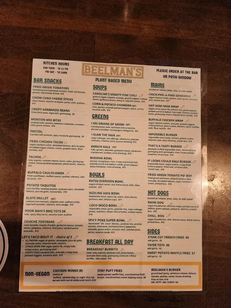 menu of Beelman's