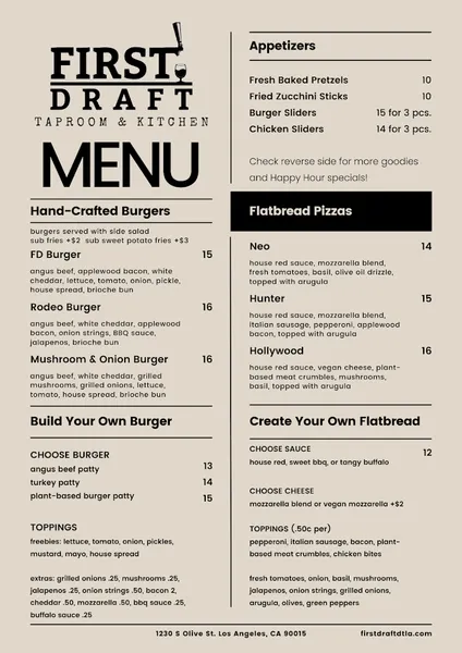 menu of First Draft Taproom & Kitchen