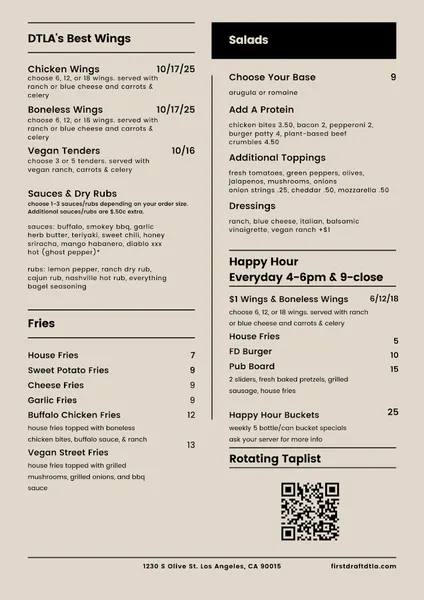 menu of First Draft Taproom & Kitchen