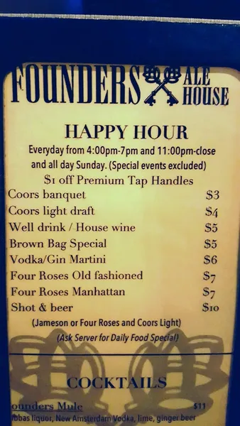 menu of Founders Ale House