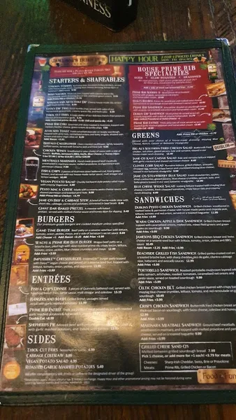 menu of Jameson's Irish Pub