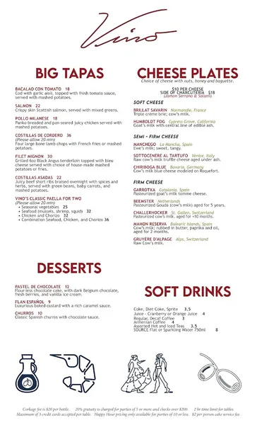 menu of Vino Wine & Tapas Room