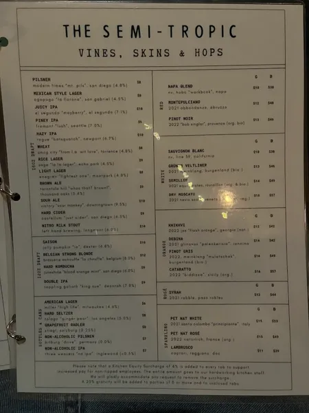 menu of The Semi-Tropic