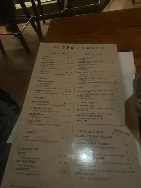 menu of The Semi-Tropic