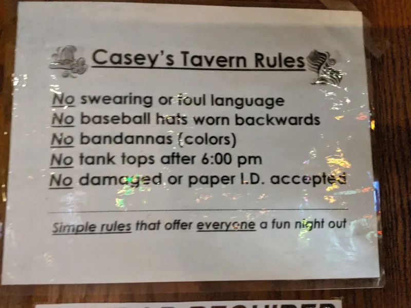 menu of Casey's Tavern