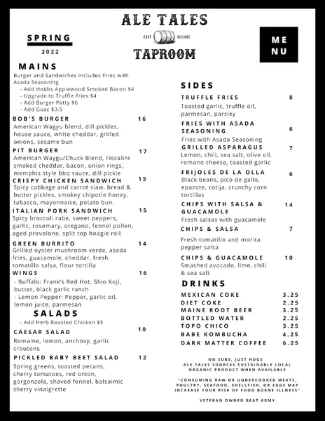 menu of Ale Tales Taproom and Kitchen