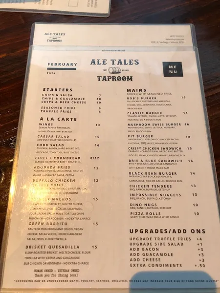 menu of Ale Tales Taproom and Kitchen