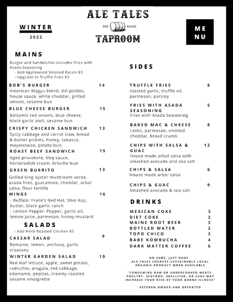 menu of Ale Tales Taproom and Kitchen