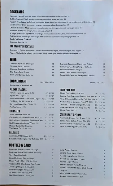 menu of Nason's Beer Hall