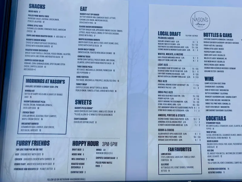 menu of Nason's Beer Hall