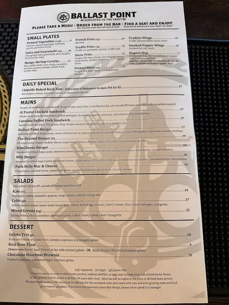 menu of Ballast Point Brewing