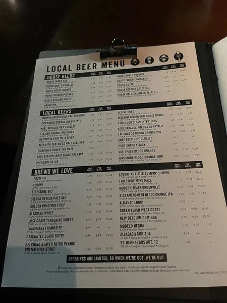 menu of Yard House