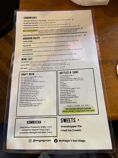 menu of McGregor's Bar and Grill