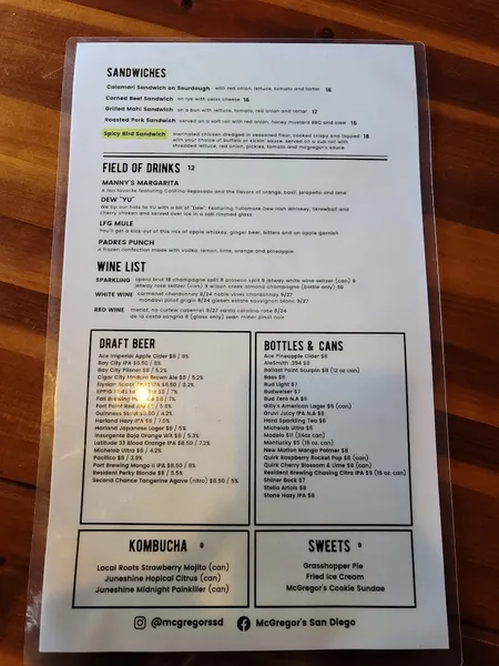 menu of McGregor's Bar and Grill