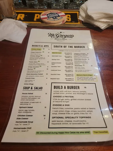 menu of McGregor's Bar and Grill