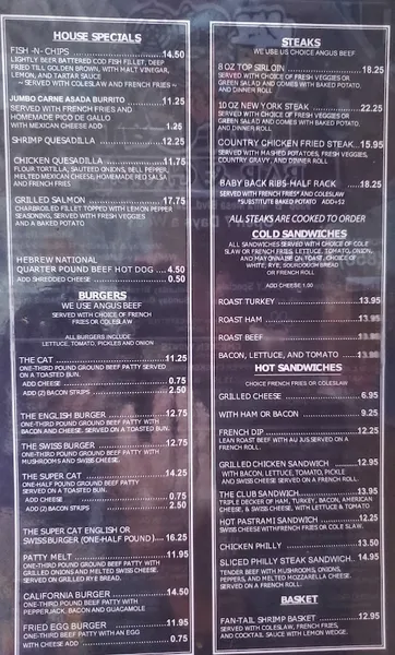 menu of Tom Cat Bar & Grill