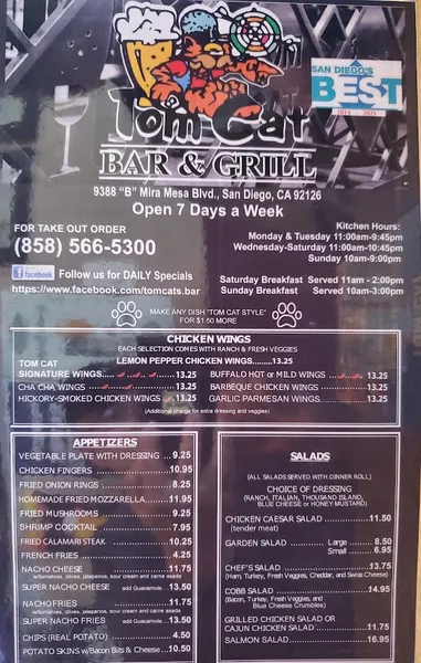 menu of Tom Cat Bar & Grill