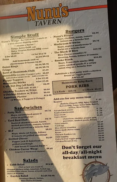 menu of Nunu's Tavern