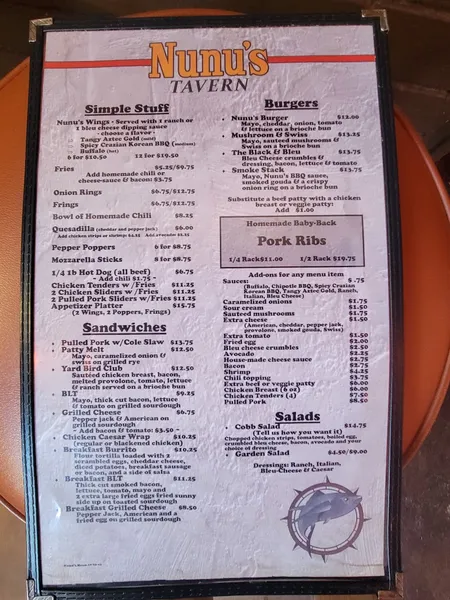 menu of Nunu's Tavern