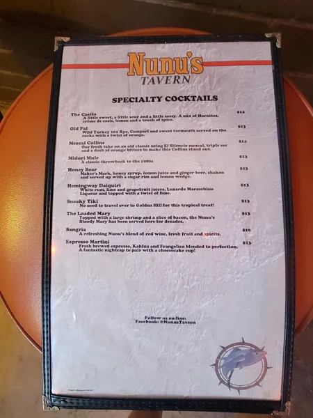 menu of Nunu's Tavern