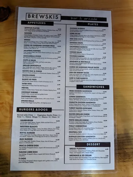 menu of Brewski's Bar & Arcade