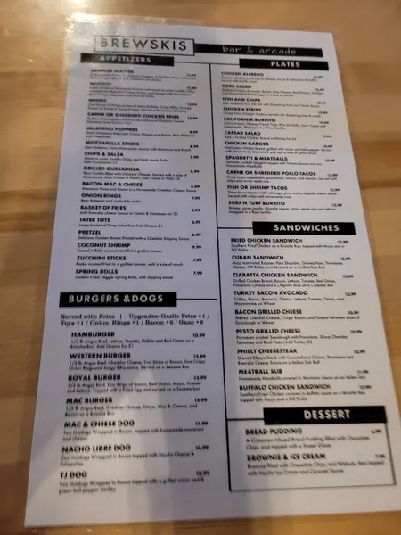 menu of Brewski's Bar & Arcade