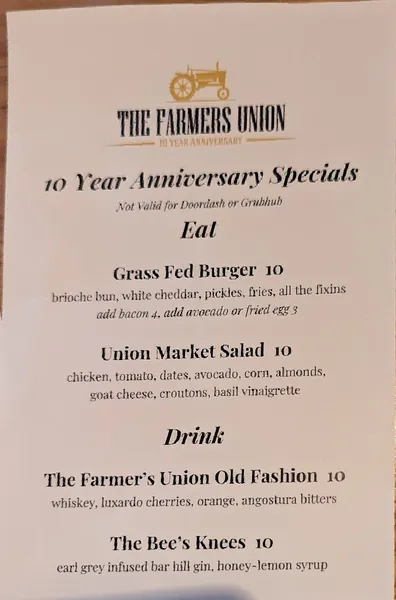 menu of The Farmers Union