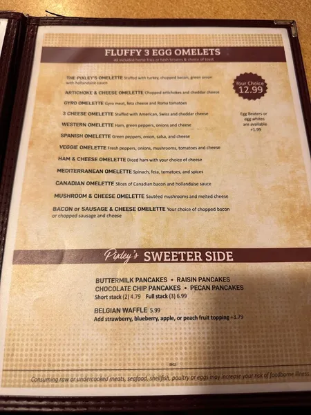 menu of Pixley's