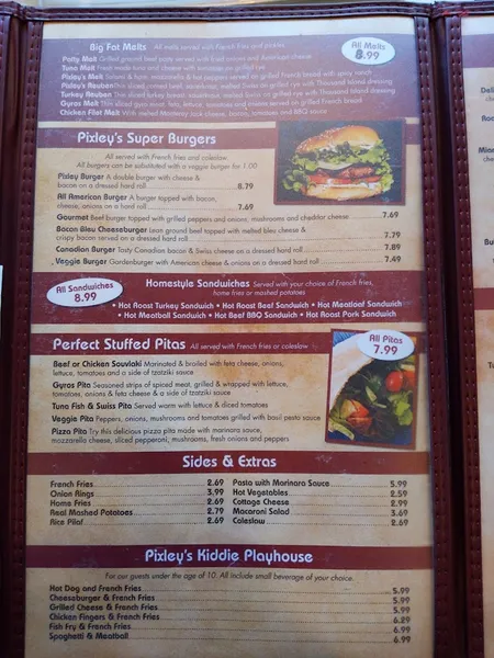 menu of Pixley's