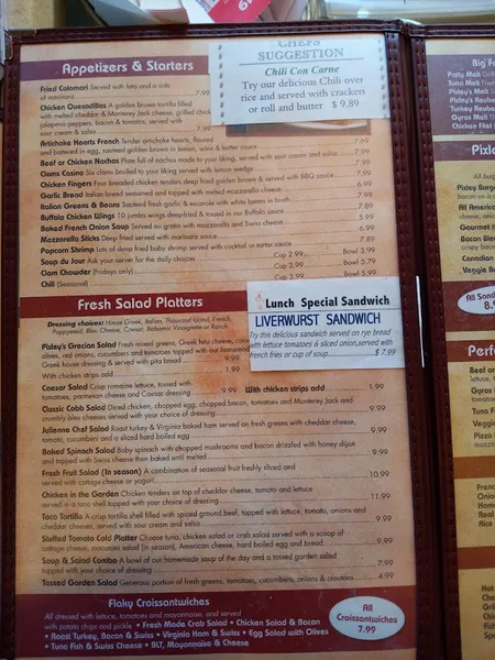 menu of Pixley's