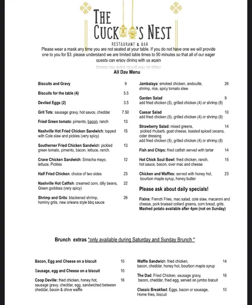 menu of The Cuckoo's Nest