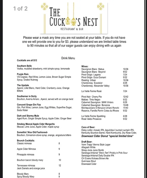 menu of The Cuckoo's Nest