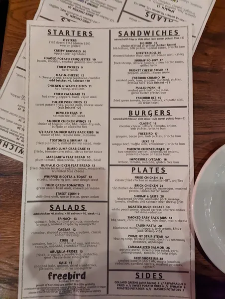 menu of freebird kitchen and bar