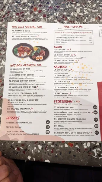 menu of Thai Hot Box