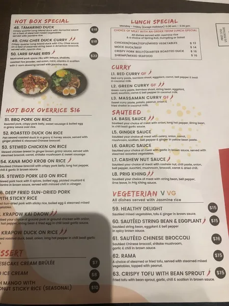 menu of Thai Hot Box