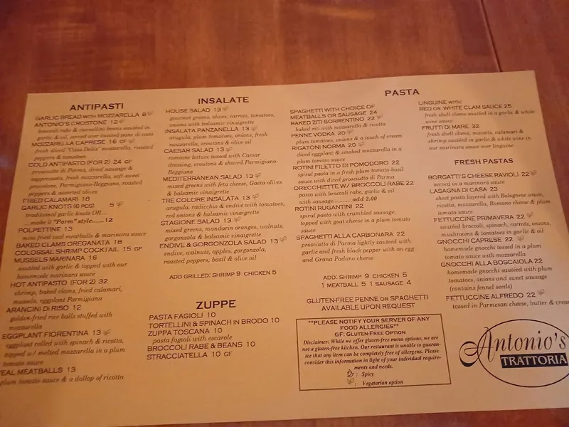 menu of Antonio's Trattoria