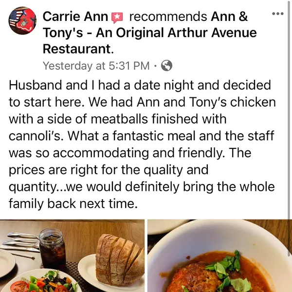 menu of Ann & Tony’s Restaurant