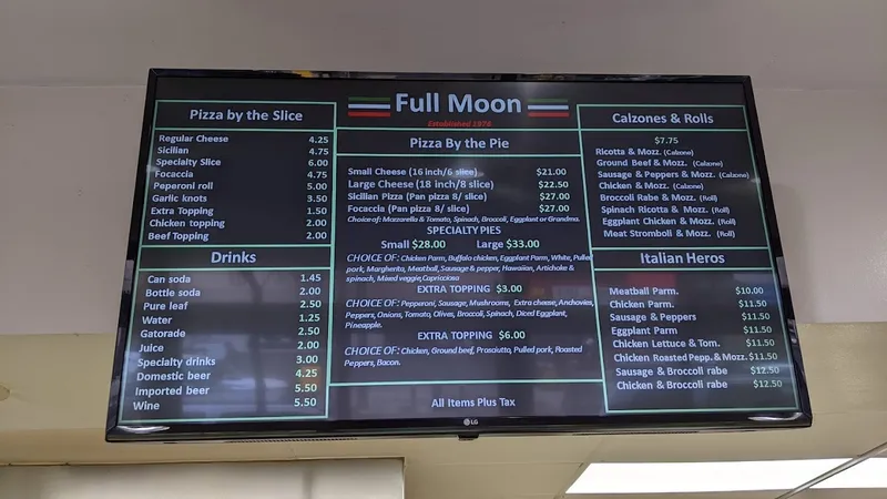 menu of Full Moon Pizza