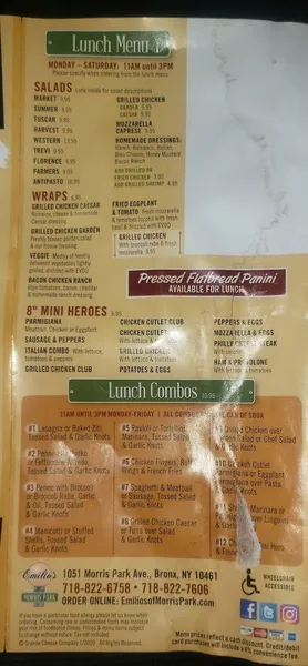 menu of Emilio's of Morris Park